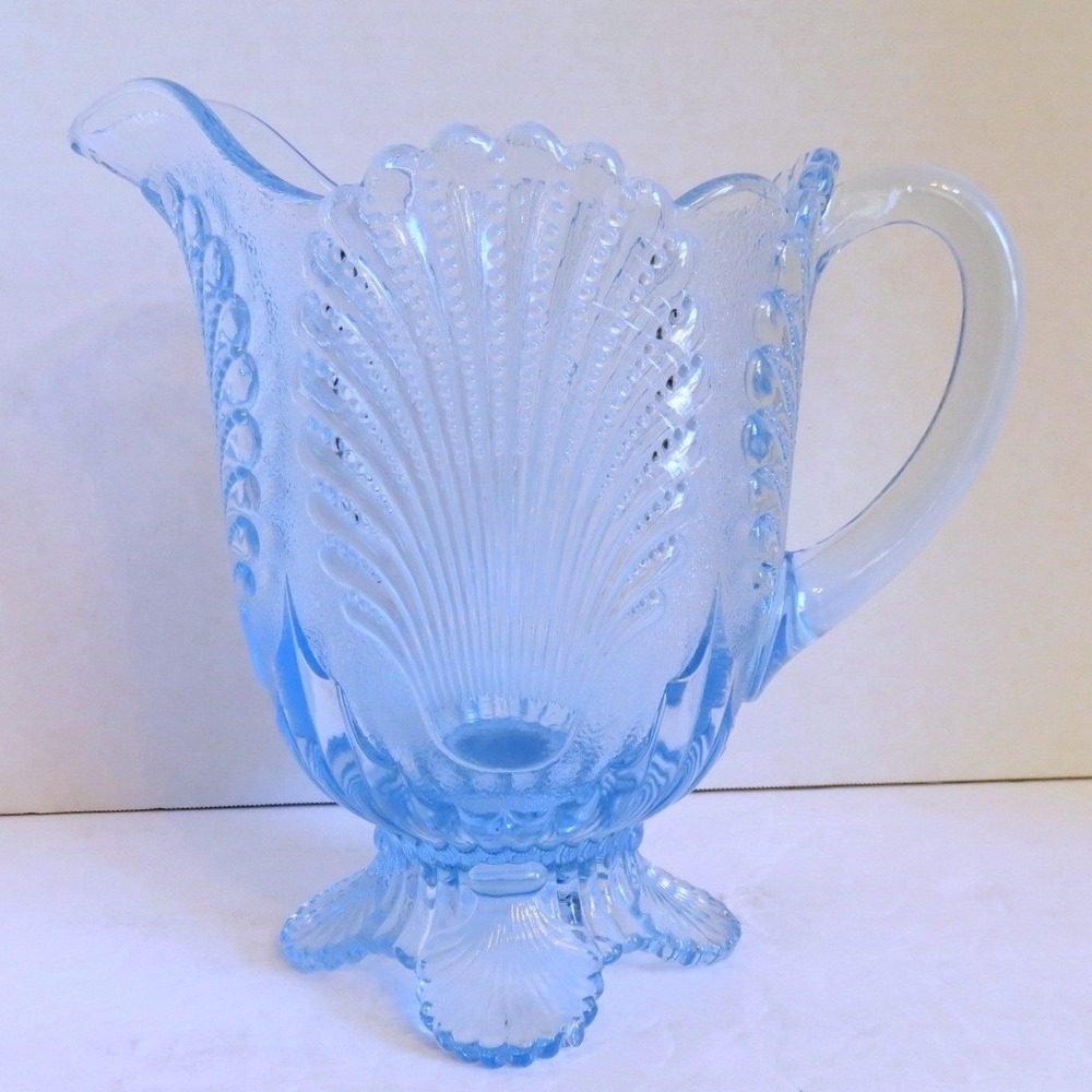 Vintage Light Blue Mosser Pressed Glass Shell Bead Footed Water Pitcher‎ 8"